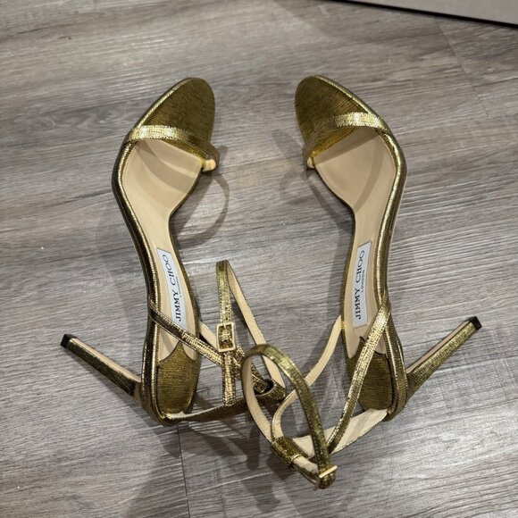 Jimmy Choo Minny 85 mm Gold Metallic Lizard Print Leather Heels Sandals - Picture 8 of 13